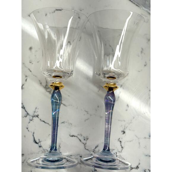 Rare Mikasa Royal Jamestown Blue Stem and Gold Knot Wine Glass Set of 2 - Picture 9 of 10